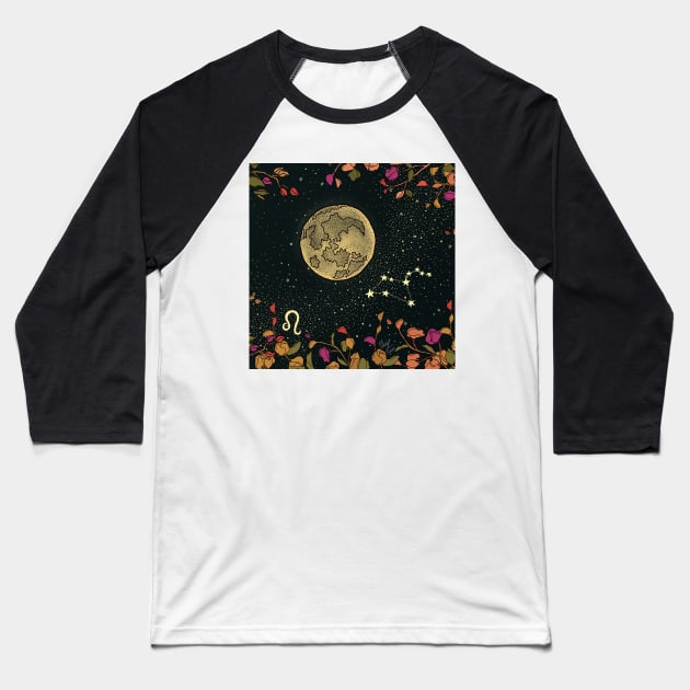 Leo Zodiac Moon FLower Night Sky Baseball T-Shirt by Sierraillustration